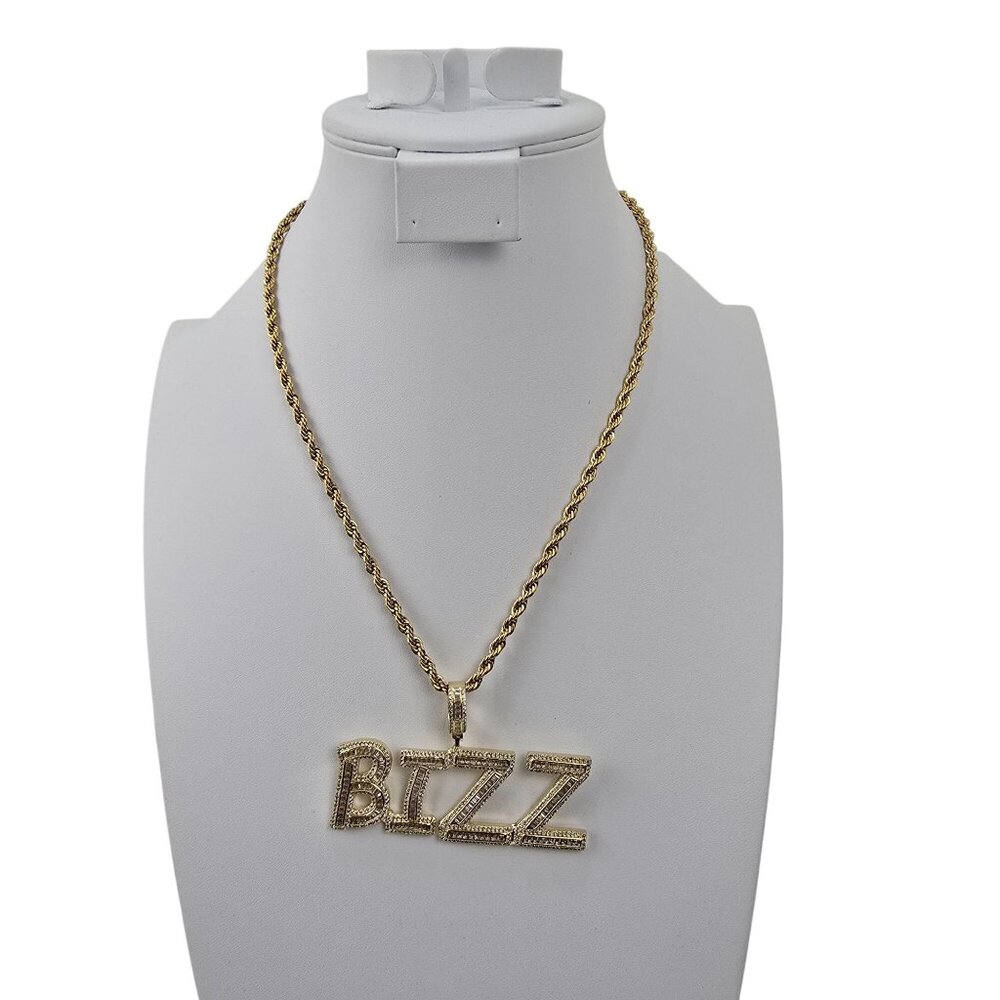 Pres "BIZZ" Custom Baguette Pendant Necklace Rope Chain Gold one Jewelry